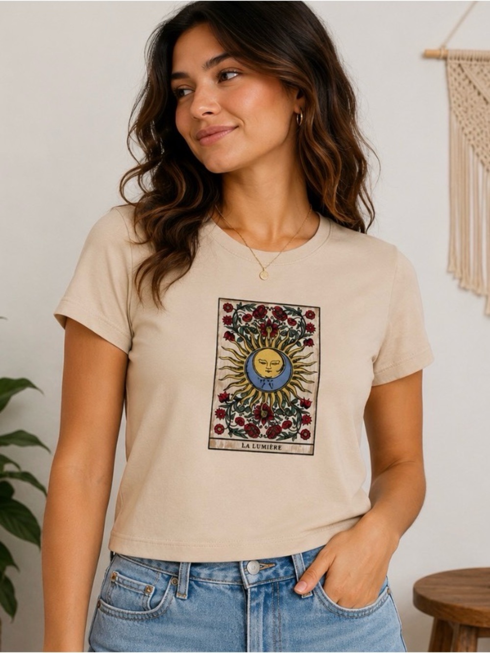 Tarot Sun “La Lumiere” Graphic Baby Tee Cream Beige T-Shirt Boho Y2K